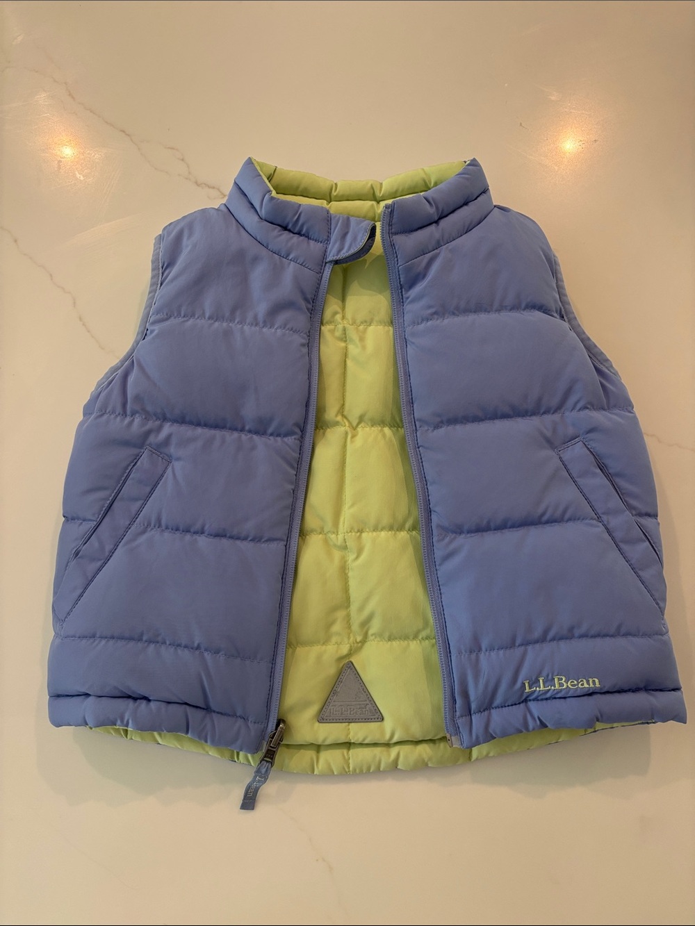 L.L.Bean Reversible Puffer Vest in Periwinkle Blue and Lime